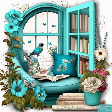 Bookworm cozy reading corner, flowers, window, caribbean blue color, clipart