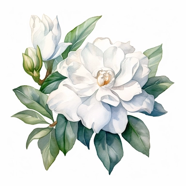 Watercolor white gardenia clipart on a white background in the style of feminine sticker art, Tanya Shatseva, storybook illustration, pure white and subtle gray shades, Georgia O'Keeffe, flower and nature motifs, colored line art, colored outlines, cottagecore design, watercolor on white background, ombre, neutral tones, colored line art, colored outlines, iridescent ombre, gradient shading, symbol of purity and innocence, vibrant digital art oil paint photorealism, an illustration of a colored 