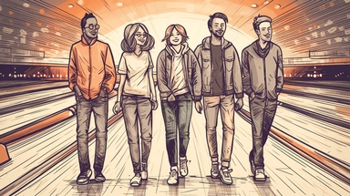 Illustration of relaxed people, Scandinavian men and women in their 40's smiling, concept art, clipart, wearing black hoodies, wearing jeans, full body shot, standing in a bowling lane, BRIGHT bowling alley background, hand drawing, drawn with lines, out of focus bowling alley background, pen drawing, simple lighting, magazine cover, 80mm, 8k, hdr