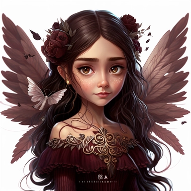 lilly stone, beautiful smiling fairy with large wings, 10 year old girl with long dark brown wavy hair, burgundy dress, big eyes, BENTE SCHLICK style illistration, sparklecore, flowers, hyper detailed, white background, mid shot, clipart