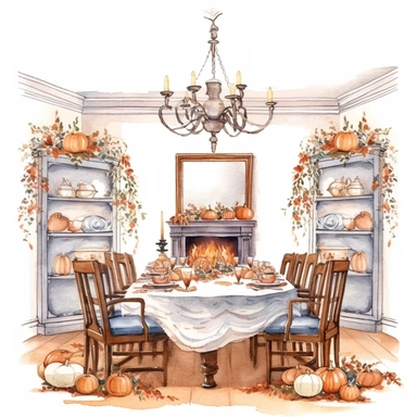 watercolor, hyper realistic, white background, white margins, 16k, ultra detailed clipart, cut out image, hand-drawn cozy dining room, with a table set for a delicious autumn meal, candles, and seasonal decorations. in the style of pencilsteampunk, delicate watercolor, creative commons attribution, miniaturecore, grocery art, white and amber, website