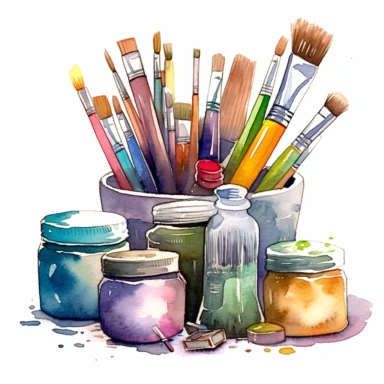 Design a watercolor-style clipart featuring a container brimming with various brushes and an array of paint tubes laid out next to it. Utilize a rich color palette to illustrate the diversity of the artist's tools. Start with the container, filled to the brim with a variety of brushes. Employ shades of silver or gray to suggest the material of the container, allowing the colors to merge slightly for a realistic metal or ceramic look. Illustrate the brushes with a range of brown tones for the han