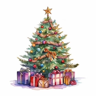 Beautiful decorated christmas tree with presents, isolated on white background, watercolor, high detail, unique, intricate detail, hand - painted lateral view, clipart, transparent background, clear background, high resolution, vector, 12k, 300 dpi, 12: 12 ratio