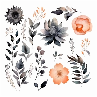 watercolor, handpainted black boho floral clipart, transparent background, spaced out--ar 3:2