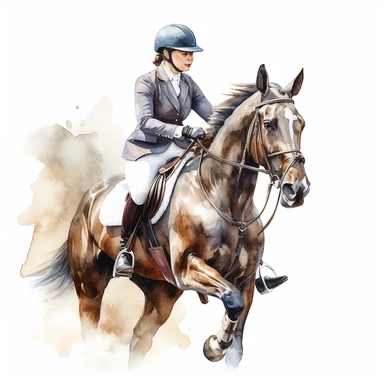 close up view of realistic watercolor drawing of an equestrian on a horse stable, on a white background where the background will be removed to repurpose as a clipart.