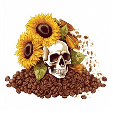vector art of sunflowers, skulls, and coffee, flourish with coffee swirls and coffee beans clip art with white background