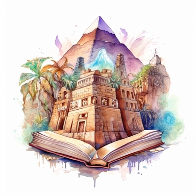 Fantasy book with Lost Civilizations: Uncovering forgotten worlds filled with secrets and ancient wonders, watercolor, clipart, white background
