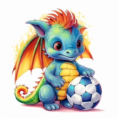 Super Cute fantasy baby rainbow dragon playing soccer clipart, white background