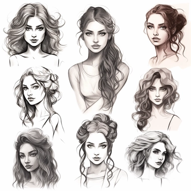 types of girl face cliparts printable, in the style of cute and dreamy, dynamic and expressive animations, pencil sketch