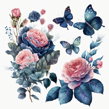 Watercolor bouquet of navy blue and pink roses clipart with some wild leaves and florals and a navy blue butterfly isolated cozy object on white background, magical colors, white background, watercolor, hyperrealism, high detail, isolated elements, clipart
