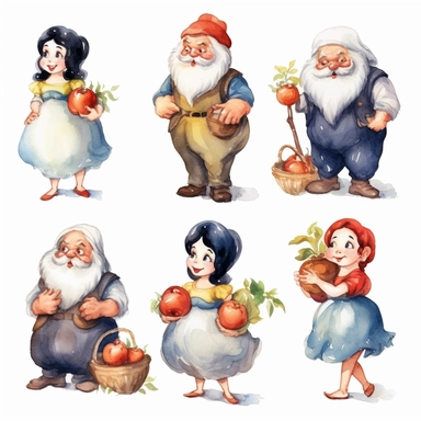 Watercolor snow white , illustrations clipart set, simple , cartoon elements, fairy tale theme and elements, different characters, 7 dwarves, different variants , , separate elements with a margin