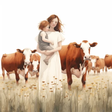 Clipart, a faceless woman holding a child in a field of cows, a digital rendering by Laura Wheeler Waring, white background, shutterstock contest winner, american scene painting, detailed painting, watercolor, digital illustration
