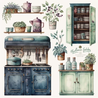 Watercolor Vintage cabinets in the kitchen, in delicate shades, watercolor, hyperrealism, high detail, separate elements, set, clipart