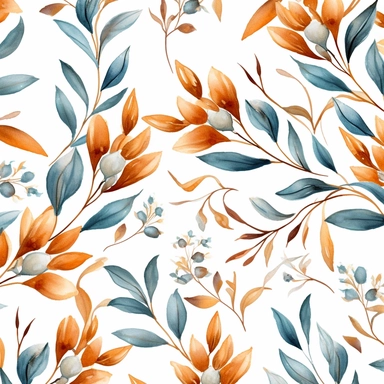 spring leaves blossoming flowers pattern watercolor floral watercolor pattern clip art free download, in the style of light indigo and brown, mosaic-like patterns, dark yellow and light brown, attention to fur and feathers texture, 3840x2160, hand-coloring, light gray and dark brown