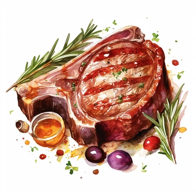Bistecca alla Fiorentina: T-bone steak grilled with olive oil, rosemary, and garlic, watercolor clipart illustration, flat blank transparent background, food photography, soft cinematic lights, juicy, bright, high quality, ultra detailed, 32k
