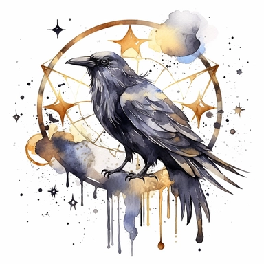 clipart watercolor creepy witch raven with crescent moon and stars, gold and gray color style, fantasy, detailed, white background, illustration painting, collaged constructions, digital art, in the style of sculptural and geometric, forced perspective drawings, Geometric brushstrokes form an intriguingly abstract, painterly figure