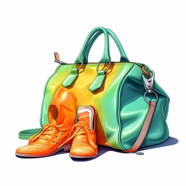 colorful mix light green orange woman bag, blue shoes, clipart style, fashion accessories bag, procreate illustration, on white background, hyper detailed, high resolution, illustration