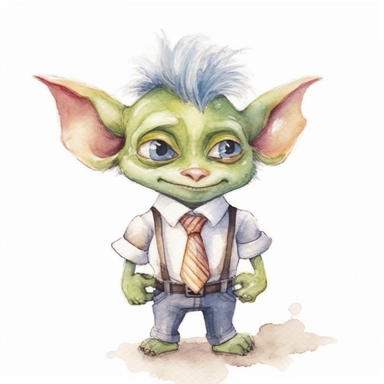 Create a watercolor clipart of a cute goblin in work attire, perfect for adding a quirky touch to your designs. The goblin should be depicted in a pastel color palette, with soft, whimsical brushstrokes and no background, making it easy to integrate into any project. Use a wide-angle camera lens to capture the goblin from a slightly lower angle, emphasizing its playful, mischievous nature.