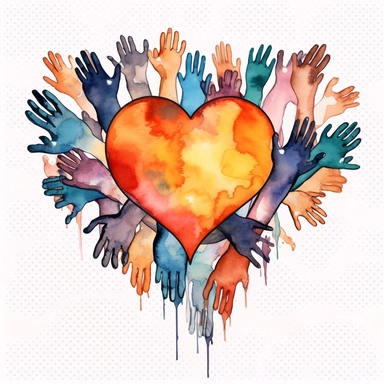 watercolor, hearts and hands - charity and volunteer organizations emblems and handmade businesses png Full body realistic cartoon in 32K UHD cute. 15 cm thick outline. Black color. There was no shadow on the ground. 8k with realistic watercolors and detailed illustrations. PNG clipart, transparent white background