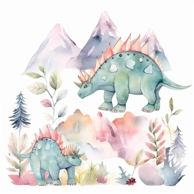 friendly, fluffy watercolor dinosaurs clipart, pastel colors, in the mountains, forest, separated, seamless, transparent background--AR 3:2