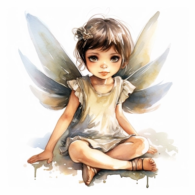 little girl, big eyes, dressed as a fairy with wings on her back, beautiful and happy, she is sitting and head is turned towards camera, very detailed and realistic, watercolor, white background with margins, clipart style