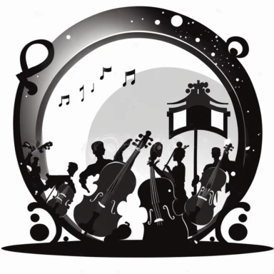 clipart representing baroque music . Beautiful, flat, cute manga style, black and white, round image borders