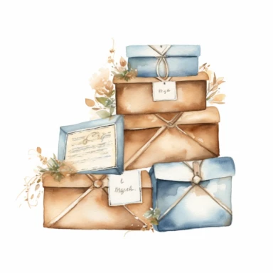 Watercolor cute mail clipart. brown blue beige white background