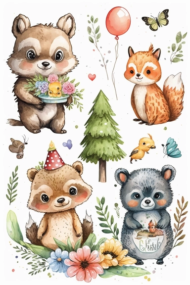 cute illustration, cartoon, vector, clipart set, happy birthday forest, lovely baby animals, sweet, aquarelle, pastel painting, fresh colors, classic Disney style, isolated, white background