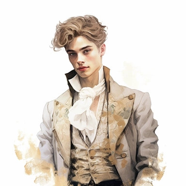 beautiful stunning handsome boy in vintage baroque fashion , paint art style, clipart, white background, superrealistic, one of a kind