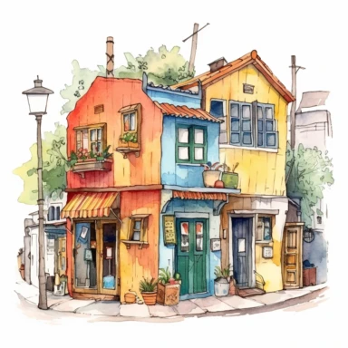 Very cute and Whimsical street of Buenos Aires, cute houses, folkloristic La Boca neighborhood, beautiful, Watercolored illustration, clipart, white background