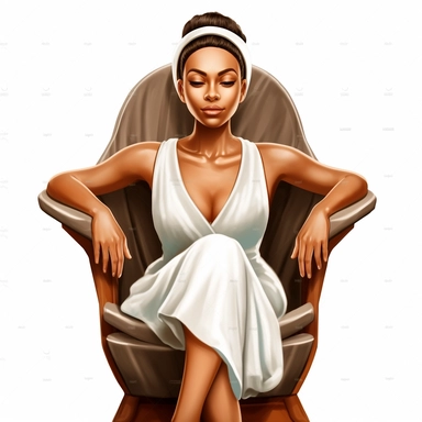 clipart of latina african american woman sitting with spa face mask on, sitting in a spa chair, hyperrealistic, white background