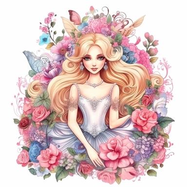 Cute Beautiful princess Clipart floral fantasy, soft tone, Cartoon, hyper realistic, intricate detail, illustration style, high resolution, on the white background