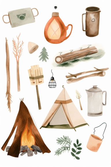 a collection of watercolor camping clipart in the style of that girl boho vibe in the colors of pastel pinks, browns, oranges and neutrals