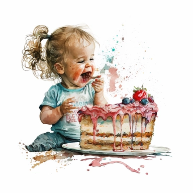 a first birthday cake with watercolor effect,a little happy girl eating the cake,suitable for digital clipart,white background
