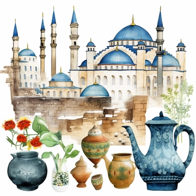 Turkish cultural symbols and elements such as traditional patterns, fabrics, or ornaments. Blend these cultural symbols with floral elements to create a fusion of city aesthetics and natural beauty, 4k style raw Watercolor istanbul grand bazaar, illustrations clipart set, simple, , cartoon elements, different variants, separate elements with a margin