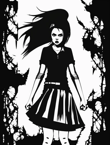 angry goth woman in skirt black and white vector clipart