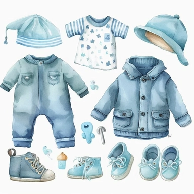 watercolor light blue baby boy clothes, white background, clipart