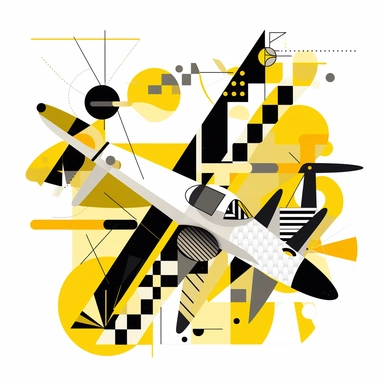 airplane, geometric flat illustration, clipart, abstract shapes, cubism, black white yellow