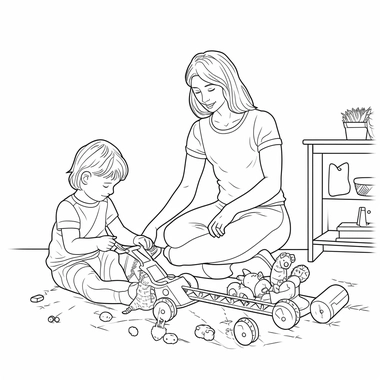 coloring page for kids of a mother and a child playing with toys, full body view, white neutral background, clean line art, low details , 1,5px thick black lines, simple clipart. simple