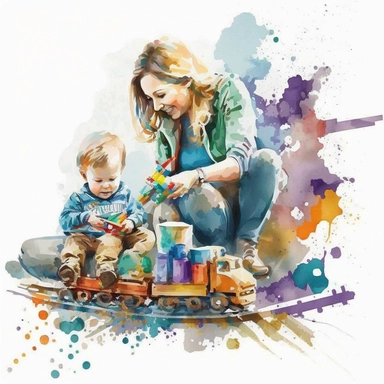 Amazing Mom and Baby playing train Toy in watercolor style clipart, use darker tones, higher saturation colors, watercolor clip art with splashes and drips, super creative watercolor, white background