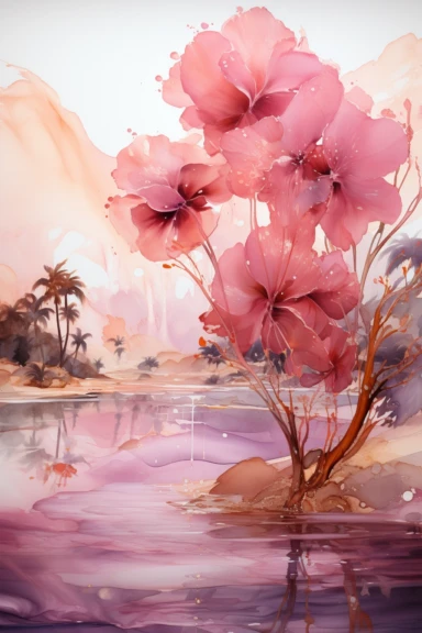 beautiful gorgeous alcohol ink of pink and gold serene, nabulous, nature scene with a central focus on a palm tree, gentle wave, minimalist style, crystals, glam, glossy, glitter texture, liquid ink clipart, modern and stylish design, bright colors, 300 dpi, clear decoration, clear white background, highly detailed digital art, 8k