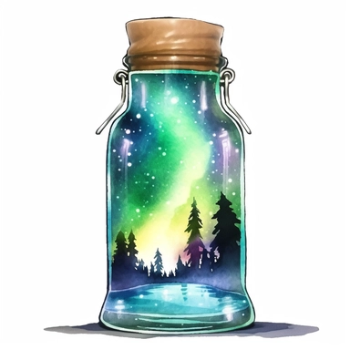 astonishing aurora Inside the bottle, bright night sky, 1 cork, watercolor clipart, realistic, detailed, high resolution, vibrant, white background, 8k,