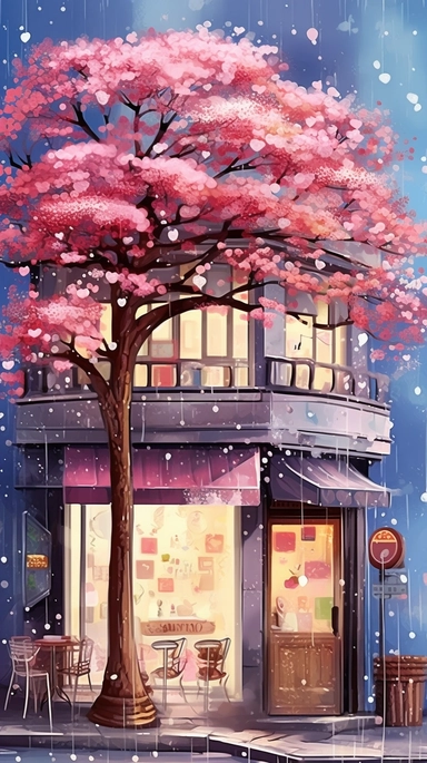 Very very cute and Whimsical quirky Jazzy coffee shop, building corner, cherry tree blossom, Raining colorful, Watercolored illustration in the style of Michael Powell, clipart, city vibe background - 8K