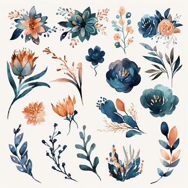 watercolor pastel flower 2d, floral clipart watercolor illustration, on white background, high res, in dark blue, cobalt blue and duck egg colors with dusty pale terracota color accents, copy space,