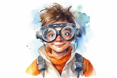 Watercolor, Generate a cartoon character wearing a lab coat and goggles, representing a scientist clipart, hd, on a white background, spaced out