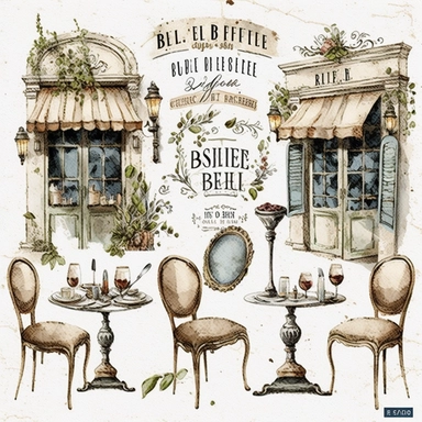 antique vintage style french bistro clipart sets, watercolor style, distressed, white background