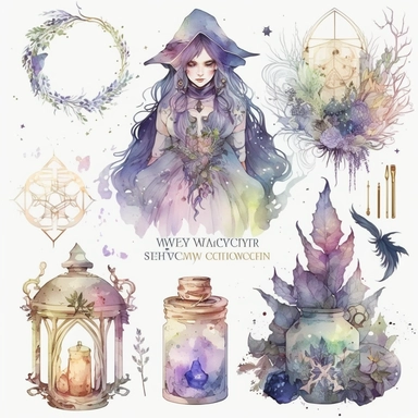 watercolor witchcraft set of gateway, watercolor clipart, isolated elements, in the style of the stars art group (xing xing), tanya shatseva, artgerm, Josephine Wall, pastel colors scheme, lovely, uhd image, transparent/translucent medium, bloomcore, matte painting, white background, charming character illustrations –seed 2402384654