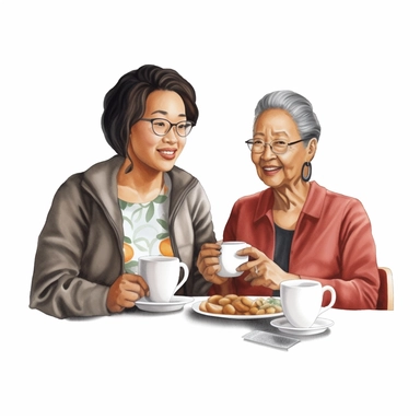 illustration clipart of Asian african american woman and her Asian Mother sitting at a cafe table having coffee, hyperrealistic, white background
