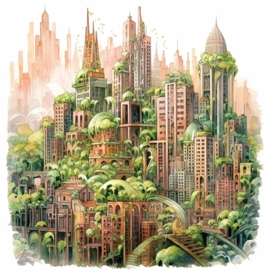 A whimsical watercolor design featuring a bioengineered cityscape, aquarelle fantasy clip art, biopunk fantasy, Marianne North, lush, Pierre-Joseph Redouté, intricate, moss green, petal pink, and earth brown, luminous, dramatic lighting, 8k resolution, zbrush, isolated on white background
