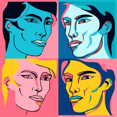 face illustration cartoon portraits face line illustration human face clipart silhouette, in the style of pink and azure, pop art style, handsome, light yellow and light navy, vibrant figurative expressionism